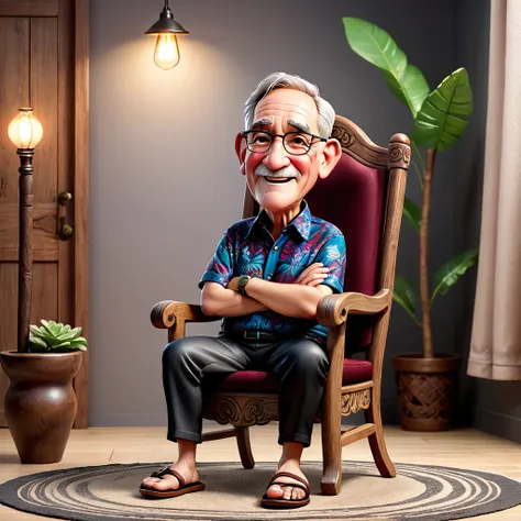 Crete Realistic 3D Caricature Disney pixar style full body with big head. 70 year old man, sitting relaxed in a classic wooden chair with dark red wing backs, the wood texture is clear. Wearing a traditional batik shirt, worn black cloth trousers. Wearing ...