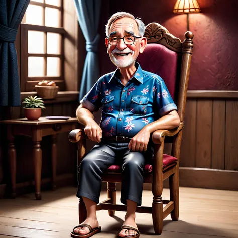 Crete Realistic 3D Caricature Disney pixar style full body with big head. 70 year old man, sitting relaxed in a classic wooden chair with dark red wing backs, the wood texture is clear. Wearing a traditional batik shirt, worn black cloth trousers. Wearing ...