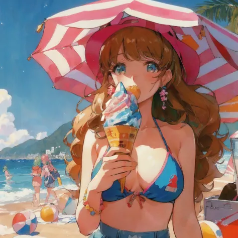 At the Beachソフトクリームを食べるビキニ姿のアニメの女の子, Lo-fi Girl, Retro Anime Girls, 80s anime art style, Beautiful anime art style, At the Beach, Lofi Art, 80s anime art style, Anime illustration, 80s anime art style, High quality anime art style, Anime Style 4k, Anime Wa...