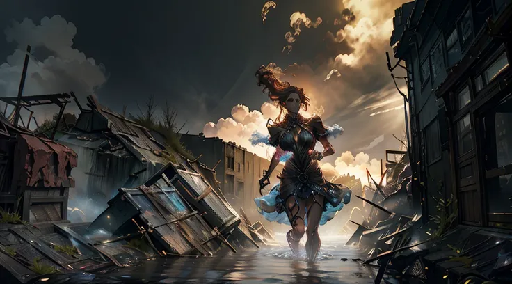 A handsome man, with wings, flying above the sky, visual effect, a man is carrying a woman wearing cloth, in both hands, with the background, a destroyed city, which is filled with murky water, and debris, flowing fast, like tsunami, realistic 3D art. [8K,...