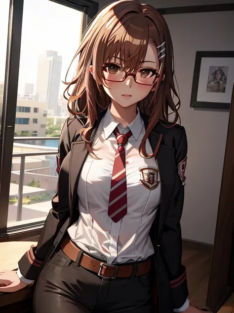 wearing glasses, (masterpiece), highest quality, Misaka Mikoto, 1girl, uhd, retina, masterpiece, ccurate, anatomically correct, textured skin, super detail, high details, high quality, best quality, highres, 4K