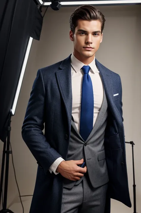 A men wore a coat with tie in photo studio