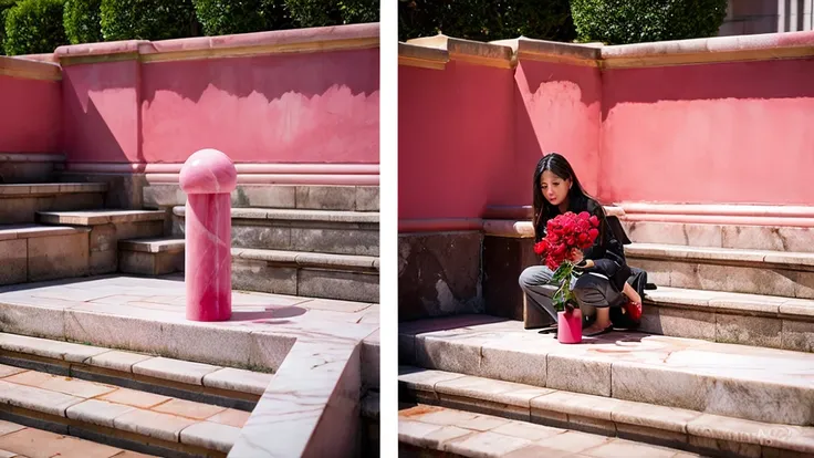 transformation from a pink marble to a red rose in four steps, photorealistic