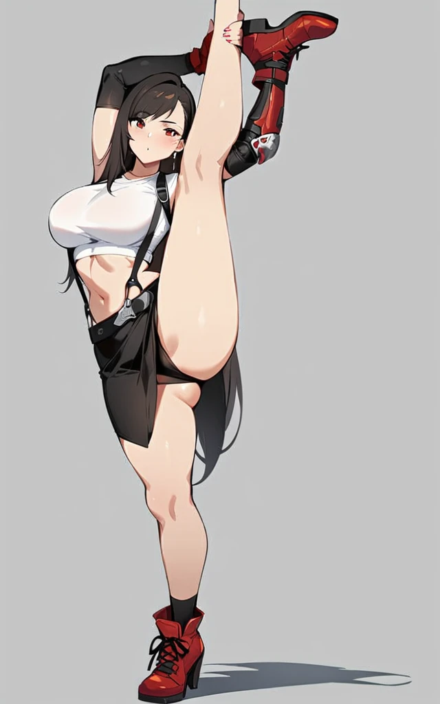 (masterpiece, best quality:1.2), 1girl, solo,standing_split, full body,
tifa lockhart, final fantasy, white crop top, elbow pad, fingerless gloves, suspenders, pencil skirt, white tshirt, sexy look, short skirt, miniskirt, pencil skirt