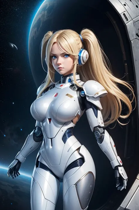 Perfect human body modeling, 1girl, pretty face, angry, drill hair, twin drills, shiny blonde Long hair, Beautiful blue eyes, huge breasts, Short body, white skin, ears in robot style, red powered armor, full armor, powered leg, Space suits, planetary expl...