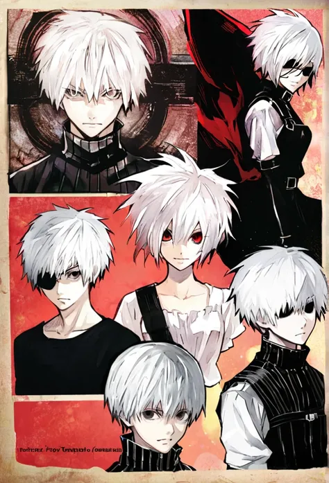 ```
ken kaneki, Tokyo Ghoul, white hair, black outfit, eyepatch, half-ghoul, serious expression, red kakugan eye, kagune tentacles, detailed face, high quality、Overall view、Uplifting、Cold-like sensation、Acrobatic、disaster々Aura、disaster々Cool atmosphere、Blac...