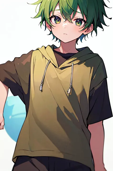 [(WHITE BACKGROUND:1.5),::5], ((((masterpiece)))), high quality, very_high_resolution, large_filesize, full color, (((little boy))), 13 old year, short Green hair, vivid color, Black eye, civilian clothes white, anime,