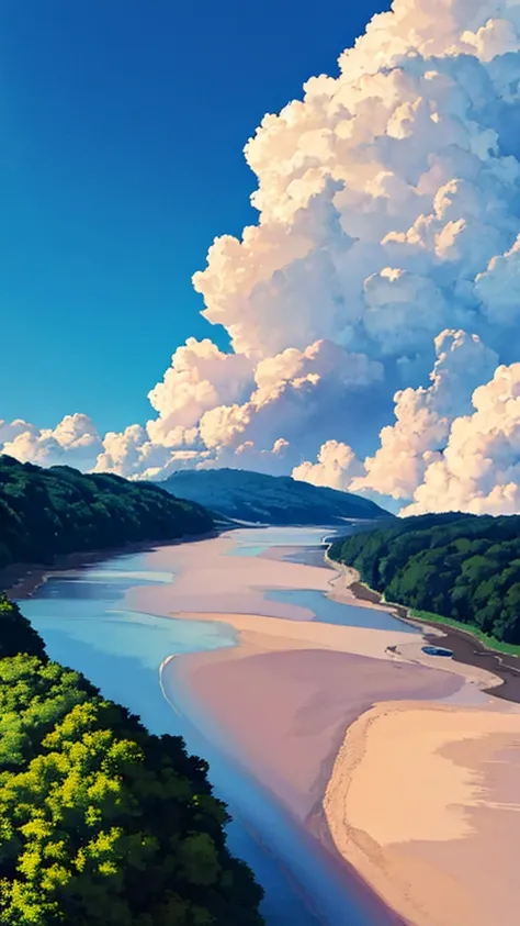 The sky is blue and the clouds float around.,River in the middle of a deep forest,Fascinating, worth searching for