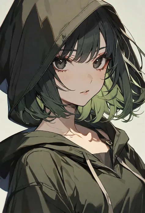 solo, 1 female, medium hair, black hair and light green hair, black eyes, dark olive shirt, black hood