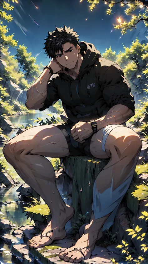 ((Highest quality)), ((masterpiece)), (detailed), Highest quality、High resolution、８K、A plain black hoodie、One adult male、33 years old、Sharp black eyes、Slightly permed black hair、Japanese anime-like style、超High resolutionかわいい萌えアニメ8k、handsome face manly、Slen...