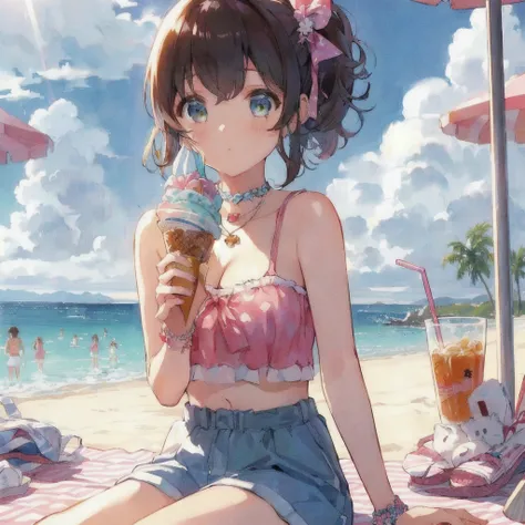 At the BeachSoft creamを食べるビキニ姿のアニメの女の子, Lo-fi Girl, Retro Anime Girls, 80s anime art style, Beautiful anime art style, At the Beach, Lofi Art, 80s anime art style, Anime illustration, 80s anime art style, High quality anime art style, Anime Style 4k, Anime...