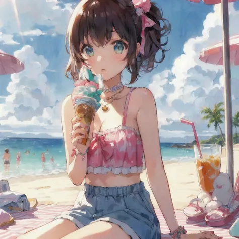 At the BeachSoft creamを食べるビキニ姿のアニメの女の子, Lo-fi Girl, Retro Anime Girls, 80s anime art style, Beautiful anime art style, At the Beach, Lofi Art, 80s anime art style, Anime illustration, 80s anime art style, High quality anime art style, Anime Style 4k, Anime...