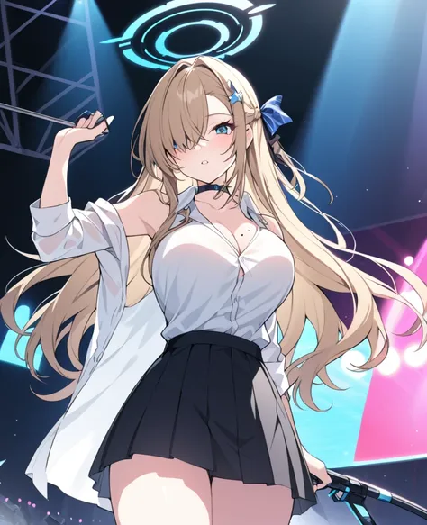 asuna ichinose, blonde hair, blue eyes, hair bow, hair ornament, hair over one eye, halo, long hair, mole, mole on breast, mechanical halo,,　Live Stage, Big Breasts, BREAK bow, choker, collarbone, dress shirt, hair scrunchie, miniskirt, , scrunchie, shirt,...