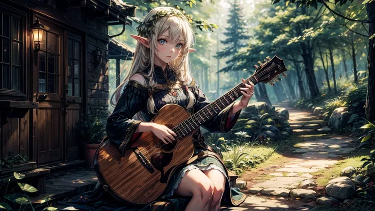 1人のElf 一人で, Tavern, Fantasy, Playing a musical instrument, lute, Elf, 8k wallpaper, Super detailed, beautifully, masterpiece, Highest quality, Realistic, Fairy, Light Theme, Bright Forest, dress,Botanical, Natural light, She has a serious look and a slight...