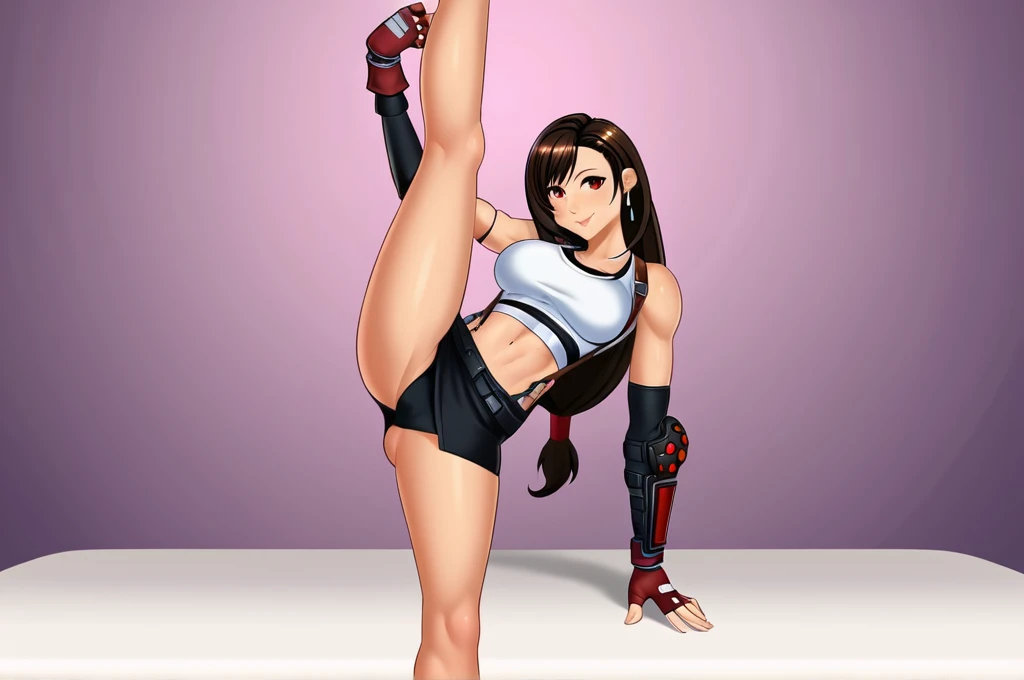 (masterpiece, best quality:1.2), 1girl, solo,standing_split, full body,
tifa lockhart, final fantasy, white crop top, elbow pad, fingerless gloves, suspenders, pencil skirt, white tshirt, sexy look, short skirt, miniskirt, pencil skirt