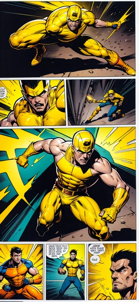 Image of a man in yellow fighting in comic book style