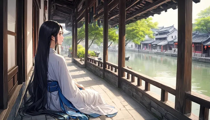 China, Jiangnan, Old Town, Canal Town, Water Town, Shuzhou, Xitang, summer, 1 beautiful young woman with long hair, Flowing robe, Sitting on the porch, Look Back