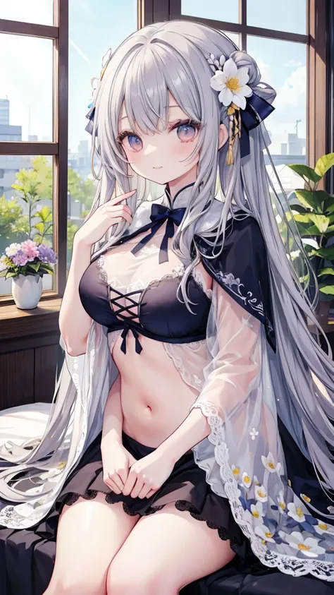 Masterpiece、Highest quality、Super detailed、Fluffy and soft long hair、Gray Hair、Flowerのように可愛い瞳、Big Tits、Too big breasts、Flowerの国、Sitting on the windowsill、blue sky、Flower、満開のFlower、smile、Lace cape、Belly button、咲き乱れるFlower、Flowerに囲まれる、Bright atmosphere