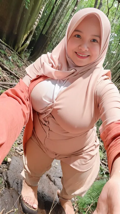 matured 40 years old chubby malay girl in hijab nude body standing and crotch open leg wide showing nude pussy closed up below  and smiling in a dark forest ,with eye close, bottom angle shot, wet body, wet face with ,8k resolution 