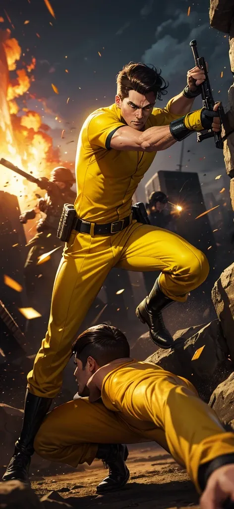 A comic book style image of a man in yellow clothes fighting an enemy