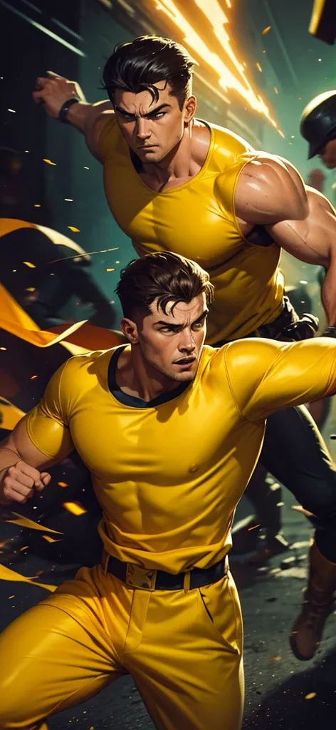 A comic book style image of a man in yellow clothes fighting an enemy