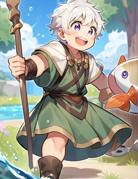 little Greek boy with white hair, violet eyes, wearing wet peasant clothes, with a big smile, with a wooden spear in one hand and in the other he is excitedly showing the fish he has hunted.