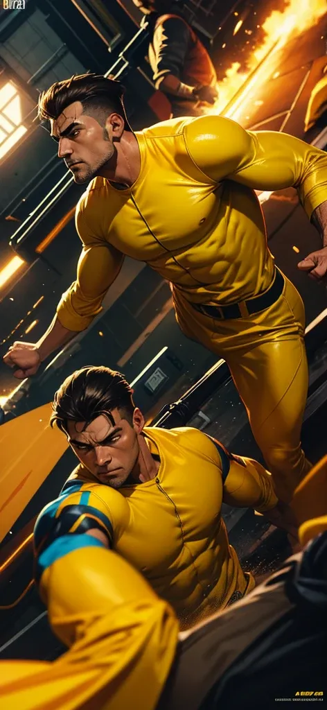 A comic book style image of a man in yellow clothes fighting an enemy