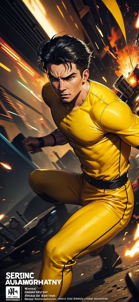 A comic book style image of a man in yellow clothes fighting an enemy