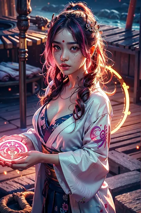 Best quality,masterpiece,ultra high res,(photorealistic:1.4),Detailed face,
1girl,solo,cleavage,(magic circle:1.2),upper body,Beautiful girl,full body,colorful yukata,pink glowing tattoo,glowing hair ornament,beach,night,beaytiful fire works