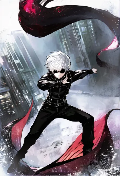 ```
ken kaneki, Tokyo Ghoul, white hair, black outfit, eyepatch, half-ghoul, serious expression, red kakugan eye, kagune tentacles, detailed face, high quality、Overall view、Uplifting、Cold-like sensation、Acrobatic、disaster々Aura、disaster々Cool atmosphere、Blac...