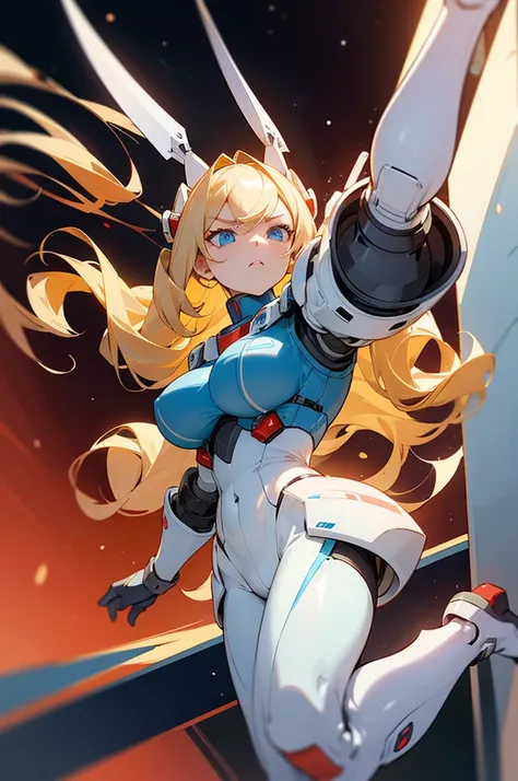 Perfect human body modeling, 1girl, pretty face, angry, drill hair, twin drills, shiny blonde Long hair, Beautiful blue eyes, huge breasts, Short body, white skin, ears in robot style, red powered armor, full armor, powered leg, Space suits, planetary expl...