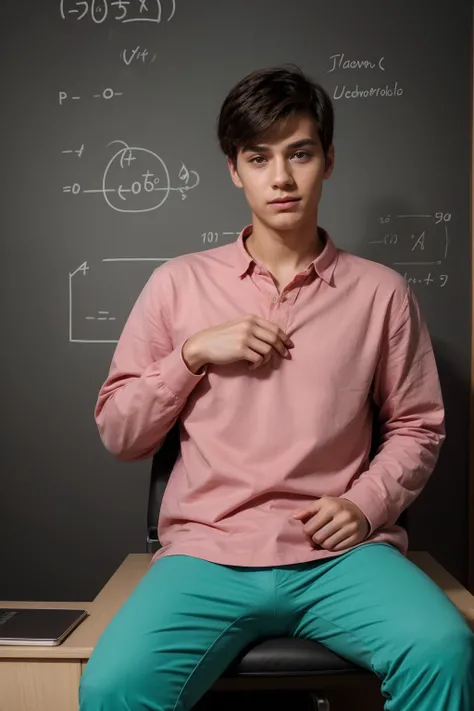 A beautiful, cute male young man with a make-up face and black hair wearing a long-sleeved pink shirt and aqua blue pants. He is in his office, and behind him is a blackboard on which is written the shape of the brain, its anatomy, and mathematical equatio...