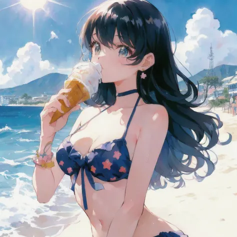 At the BeachSoft creamを食べるビキニ姿のアニメの女の子, Lo-fi Girl, Retro Anime Girls, 80s anime art style, Beautiful anime art style, At the Beach, Lofi Art, 80s anime art style, Anime illustration, 80s anime art style, High quality anime art style, Anime Style 4k, Anime...