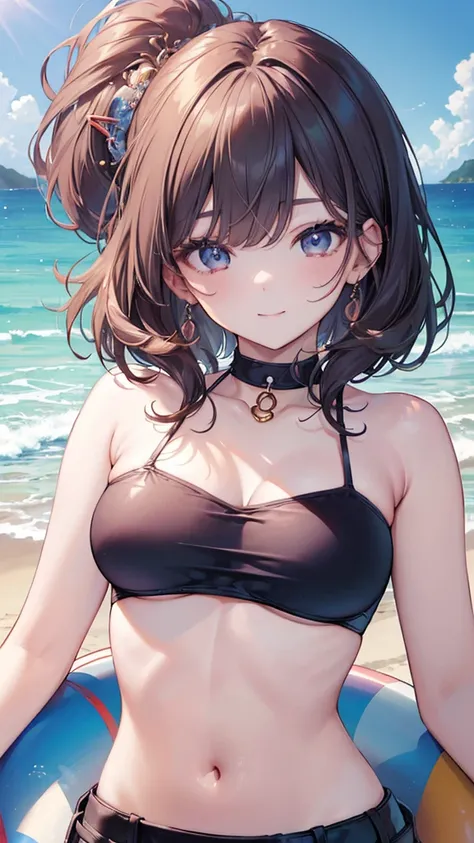 (((masterpiece))),(((High resolution)))、(((perfect face)))、(((Korean beauty)))、30 years old、(((beautiful face)))、(((tube top))), (bikini), ((top quality eyes)), detailed texture, ((high resolution face)), erotic smile, at the beach
