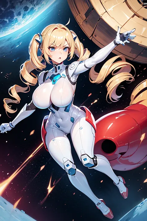 Perfect human body modeling, 1girl, pretty face, angry, drill hair, twin drills, shiny blonde Long hair, Beautiful blue eyes, huge breasts, Short body, white skin, ears in robot style, red powered armor, full armor, powered leg, Space suits, planetary expl...