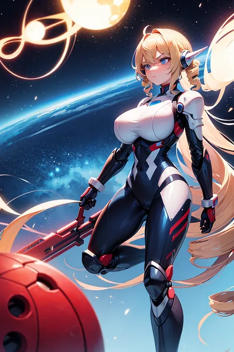 Perfect human body modeling, 1girl, pretty face, angry, drill hair, twin drills, shiny blonde Long hair, Beautiful blue eyes, huge breasts, Short body, white skin, ears in robot style, red powered armor, full armor, powered leg, Space suits, planetary expl...