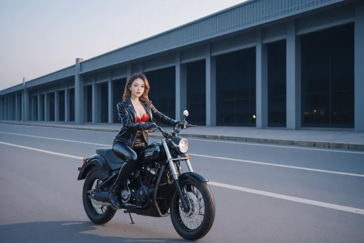 realistic,score_9, score_8_up, score_7_up, BREAK,
 Full body shot, photo of the whole motorcycle, Cute young woman in Japan, Ride an old traditional shiny metallic silver motorcycle at the wharf, glamorous shape, shoulder length shiny smooth light brown ha...