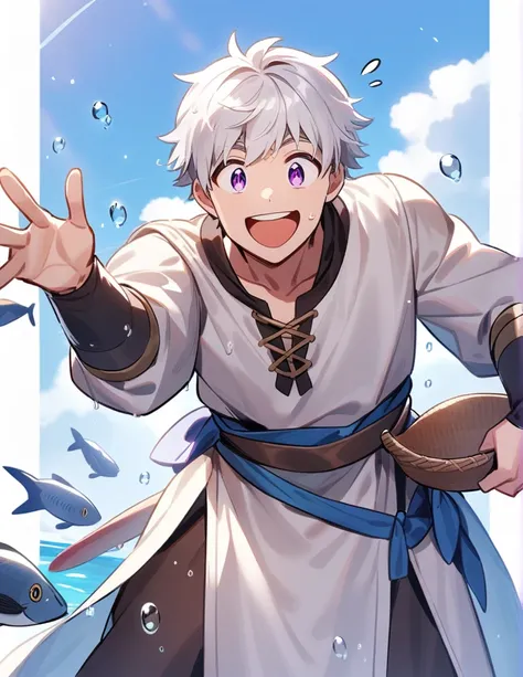 Greek boy with white hair, violet eyes, wearing wet peasant clothes, with a big smile, excitedly showing the fish he caught