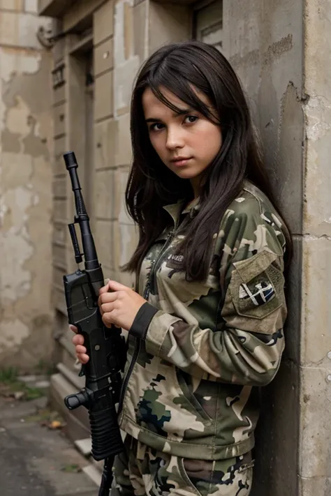 a girl playing war holding a gun in her hand and wearing a camouflage suit