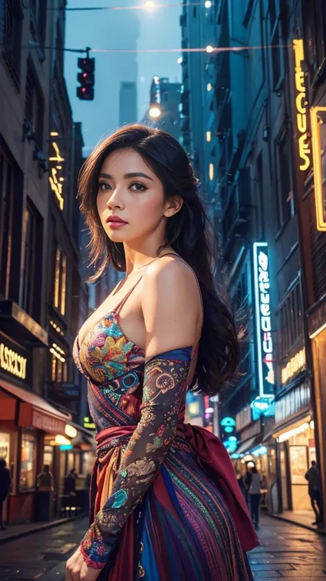 a beautiful woman hiding in a colorful city, detailed beautiful face, long eyelashes, elegant pose, mysterious, cinematic lighting, vibrant colors, 8k, hyper detailed, intricate background, urban landscape, (best quality,4k,8k,highres,masterpiece:1.2),ultr...