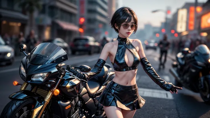 at night, 1girl, solo, large-breast:1.2 sexy slim woman, perfect face, bikini top, mini skirt, black sunglasses, wind-blowing short hair, glove, speeding a classic motorcycle in action, supercar chasing behind, half-body medium shot, hologram cyberpunk str...