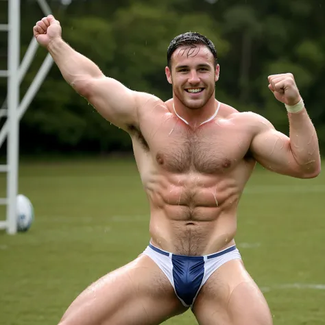  male rugby players::3 smiles ,very wet , whole body
, in the field posing, manly, shirtless , translucent white jockstrap , you can see his virile member , tight and very wet great stocky body very hairy chest, thick and hairy legs , bare feet