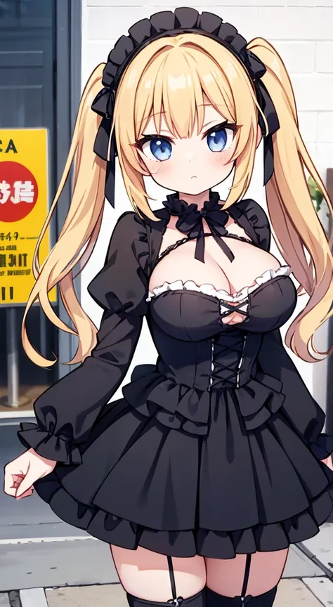 masterpiece, Highest quality, (anime screencap:1.3),(shape), cute,(Simple:1), (anime:1.2),Solo Sharp Focus, 1 Girl, Cleavage,Looking at the audience, Japan,Akihabara,In town,Golden Hair,((mini skirt)),Are standing, Twin tails,summer ,((Black Gothic Costume...