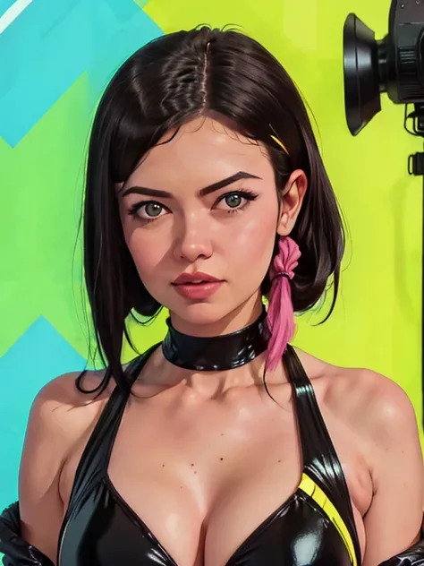 (best quality,highres,masterpiece:1.2), raw photo photorealistic, portrait, photo of beautiful (normal body type:1.1) cute (girl), model posing, (1980s photograph, 1980s monokini, MTV era fashion, bold and vibrant 1980s attire with neon colors, shoulder pa...