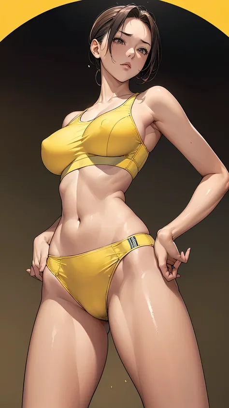 16K、masterpiece、High resolution、((18-year-old female))、Very large breasts、(((thin, A skin-tight yellow sports bra))、((黄くthinスポーツレギンス))、Captivating look、((Please put your hands on your hips))、Very close、Angle from below