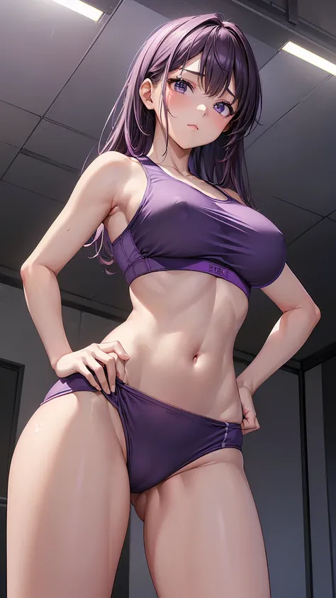 16K、masterpiece、High resolution、((18-year-old female))、Very large breasts、(((thin, A purple sports bra that fits perfectly against the skin))、((紫くthinスポーツレギンス))、Captivating look、((Please put your hands on your hips))、Very close、Angle from below