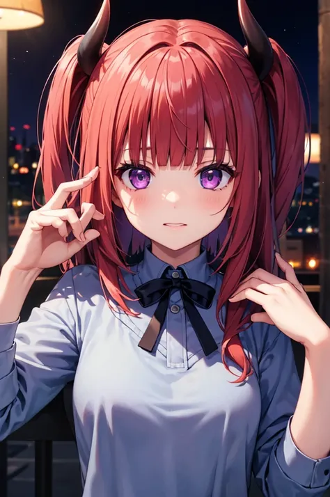 1 girl, alone,red hair, sharp face,purple eyes, blunt bangs, devil