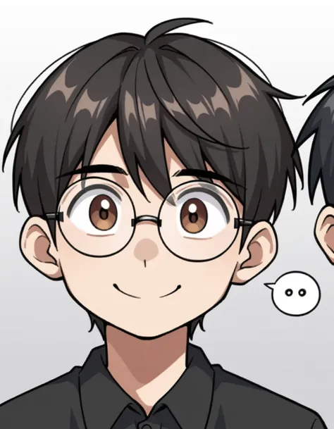 score_9, score_8, one boy,adult, round face,wearing glasses,,medium build,black hair, brown eyes, black polo shirt, view your vi...