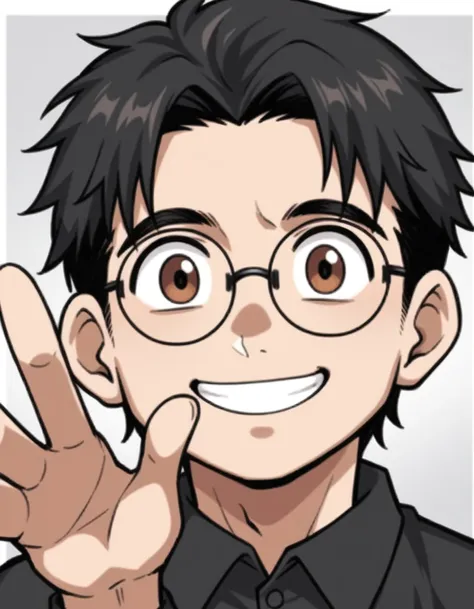 score_9, score_8, one boy,adult, round face,wearing glasses,,medium build,black hair, brown eyes, black polo shirt, view your vi...