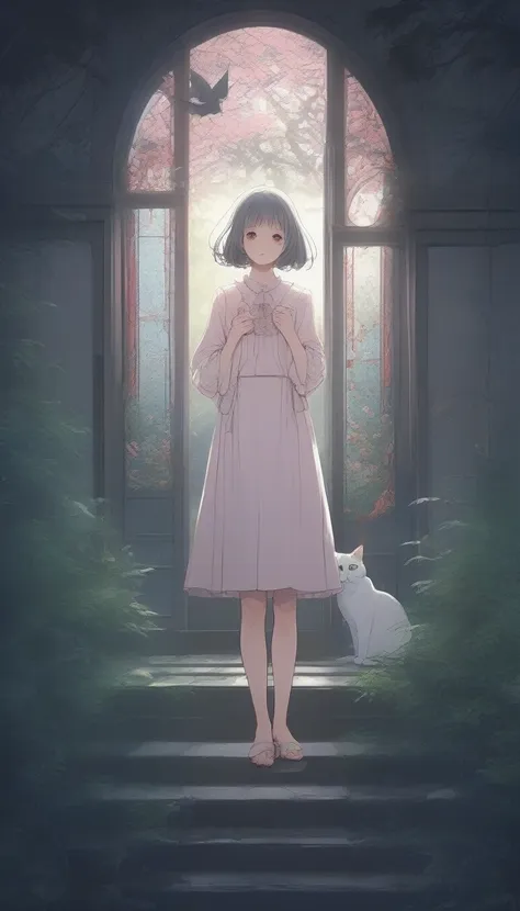 score_9, score_8_up, score_7_up, score_6_up, score_5_up, score_4_up, source_anime, beautiful and cute woman, innkeeper, playing with cats, long face, silvery bob cut, blunt bangs, droopy eyes, smirk, pink cheeks, in a dim forest, faint moonlight, inn entra...